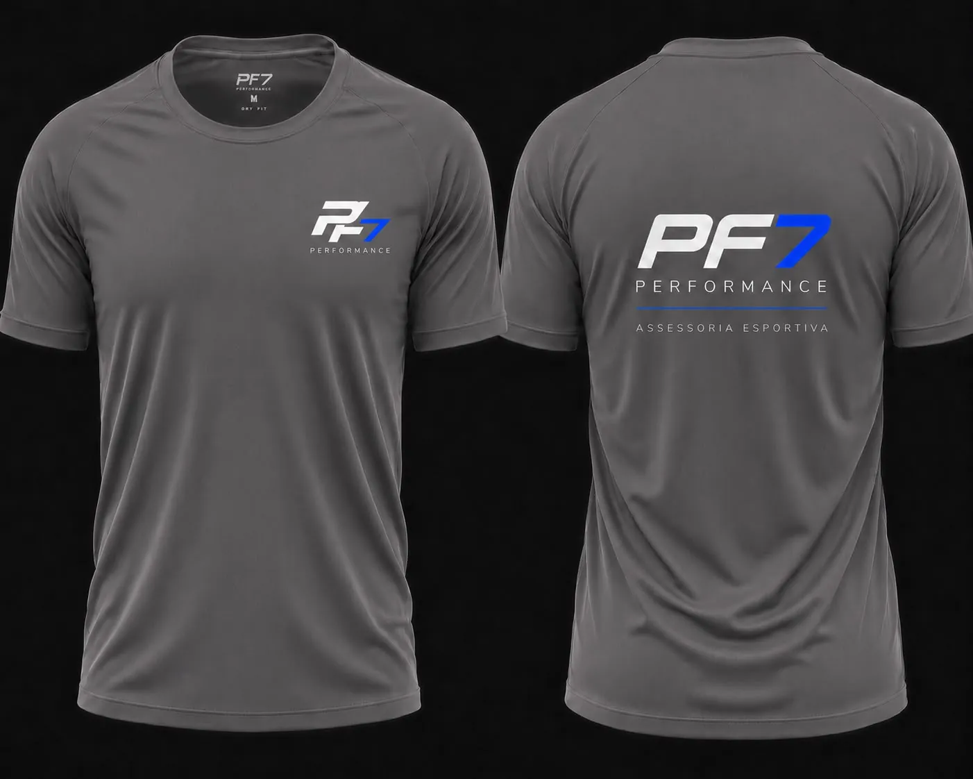Camiseta esportiva cinza PF7 Performance, frente e costas