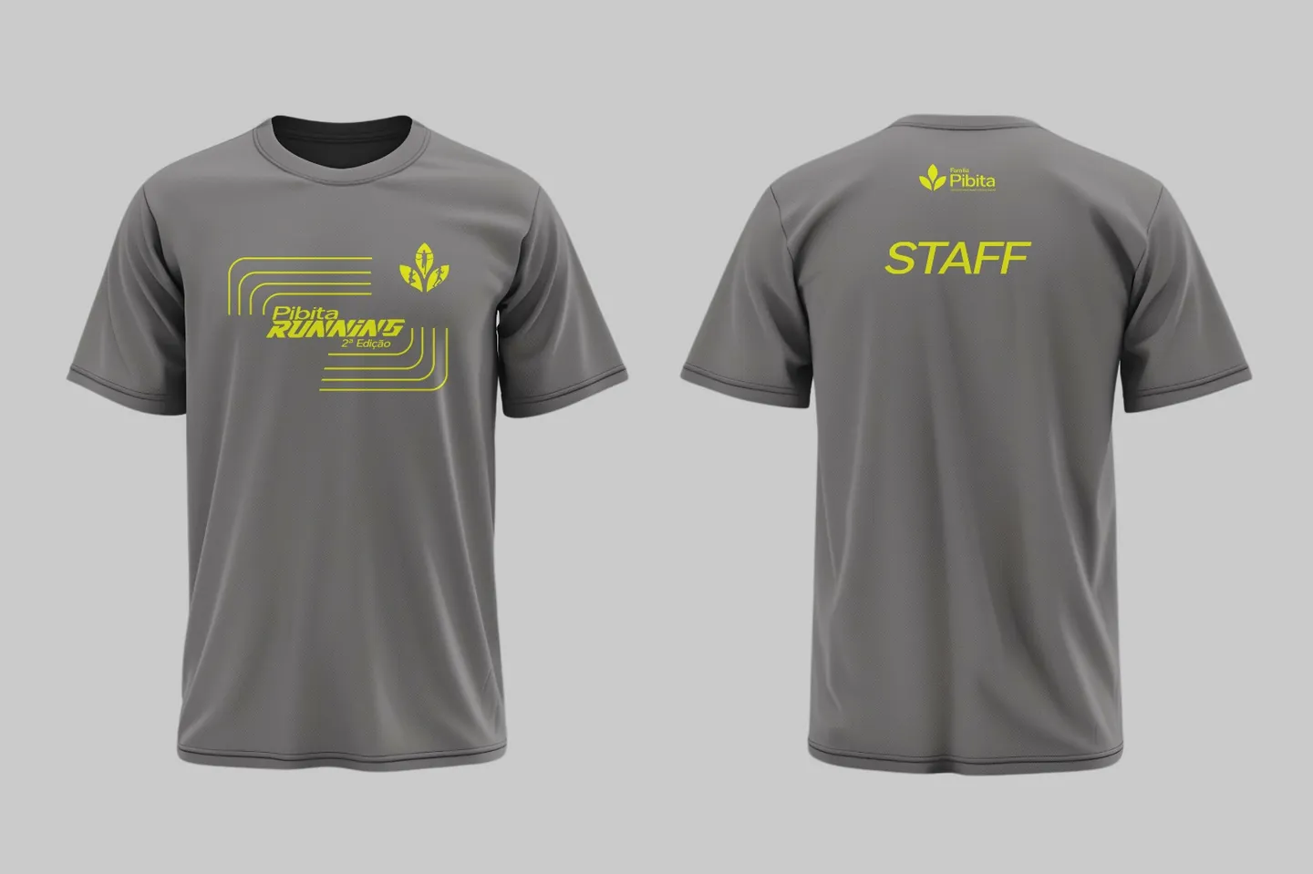Camiseta cinza Pibita Running segunda edição para staff, frente e costas