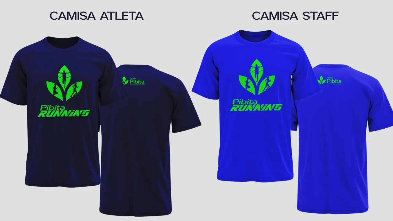 Camisetas Pibita Running para atleta e staff, frente e costas
