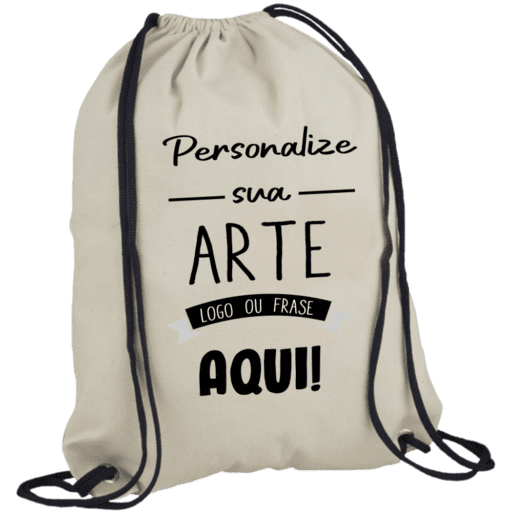 Mochila Saco de Algodão Cru com exemplo de personalização frontal