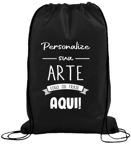 Mochila Saco de TNT Preta com exemplo de personalização frontal